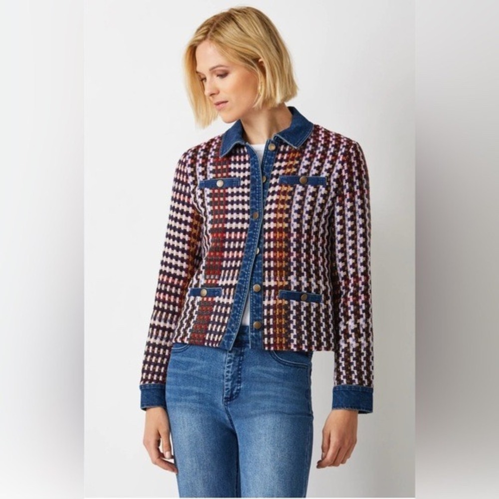 Ecru Denim-Trim Tweed Mixed Media Jacket - Plaid‎ Multi-Color - Size XS